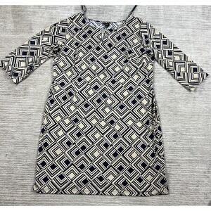 I Le New York Dress Womens 18 Blue Beige 3/4 Sleeve Knee Length Geometric Casual